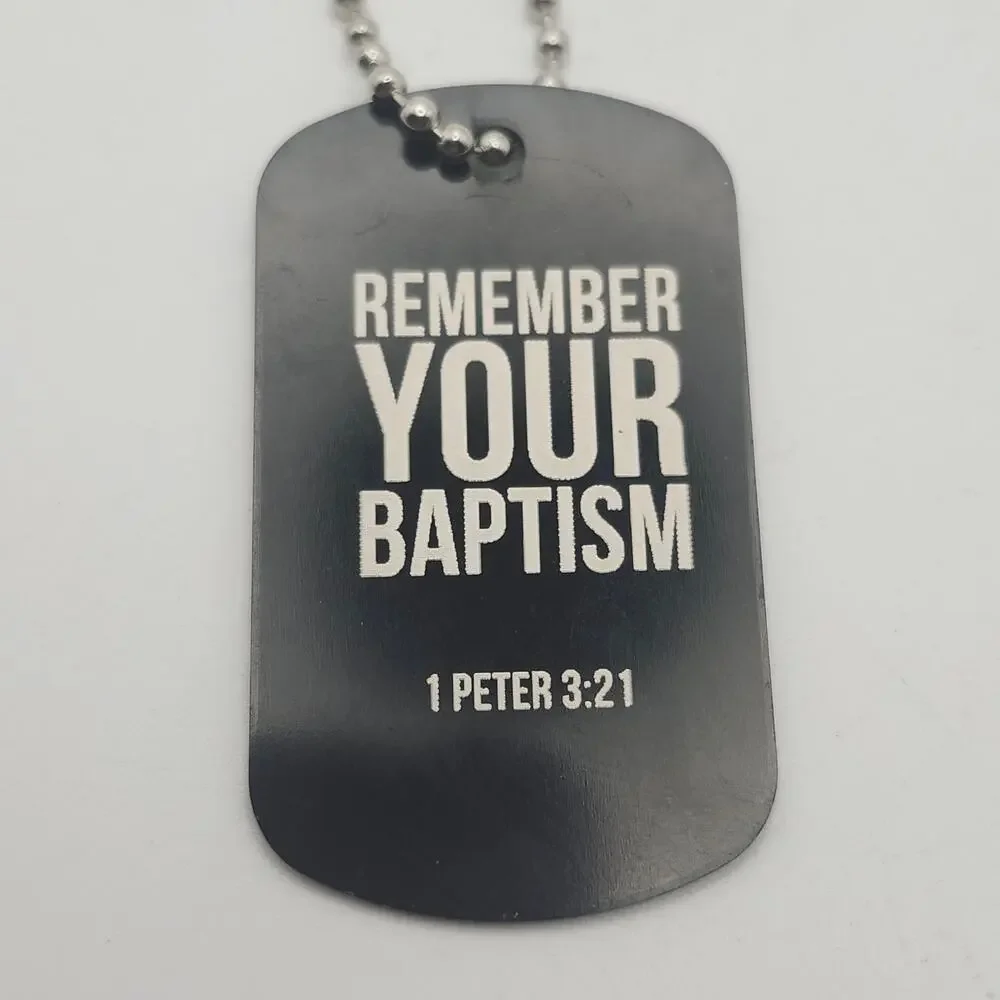 Remember Your Baptism 2pc Dog Tag Keychain Set 1 Peter 3:21 Christian Black Red